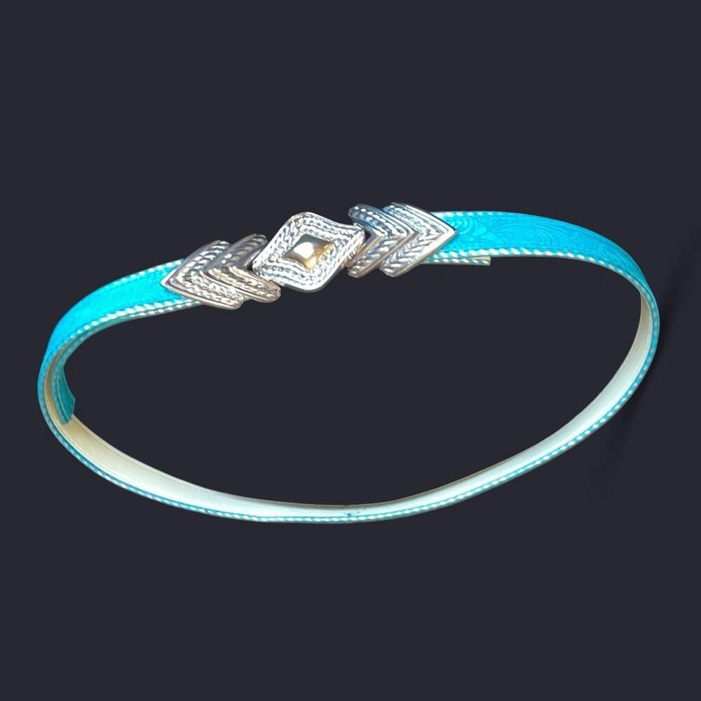 Teal Leather Engraved Vtg Belt W/ Silver & Gold Silver Tone Arrow Shape 6.5